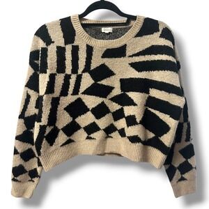 Debut Geometric Print Knit Abstract Cropped Pullover Fuzzy Sweater Tan Black M